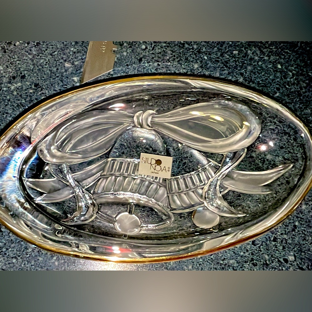 Mikasa Studio Nova Oval Glass Dish Gold Gilt Rim Bells And Ribbons
